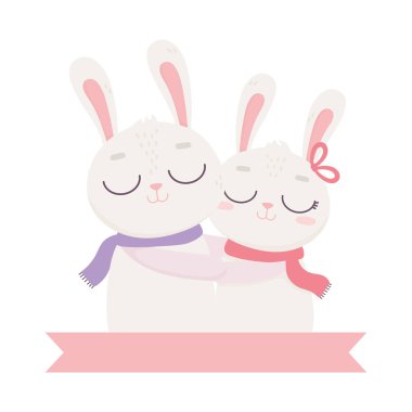 Sevgililer günün kutlu olsun, sevimli tavşan çift, aşk romantizmini kucaklıyor.