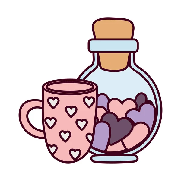Happy valentines jour, bouteille de verre et tasse de café avec cœurs — Image vectorielle