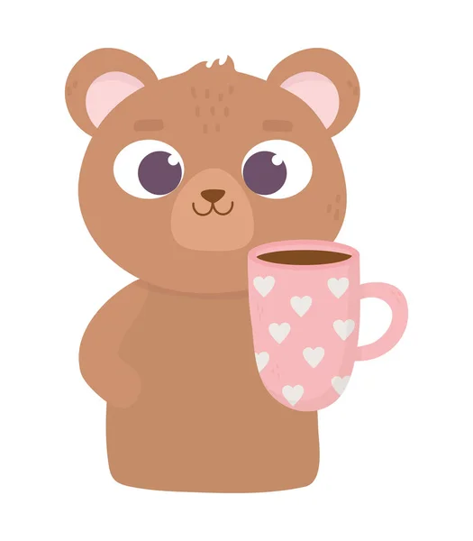 Felice valentines giorno, simpatico orso con tazza di caffè con cuori foglie piante — Vettoriale Stock