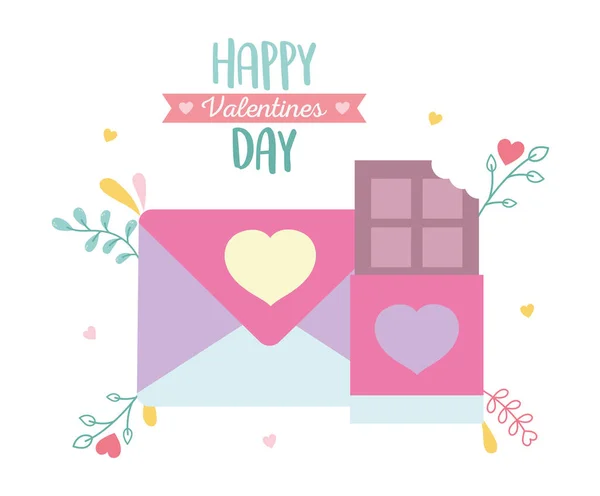 Happy valentines day, envelope message chocolate bar foliage decoration — Stock Vector