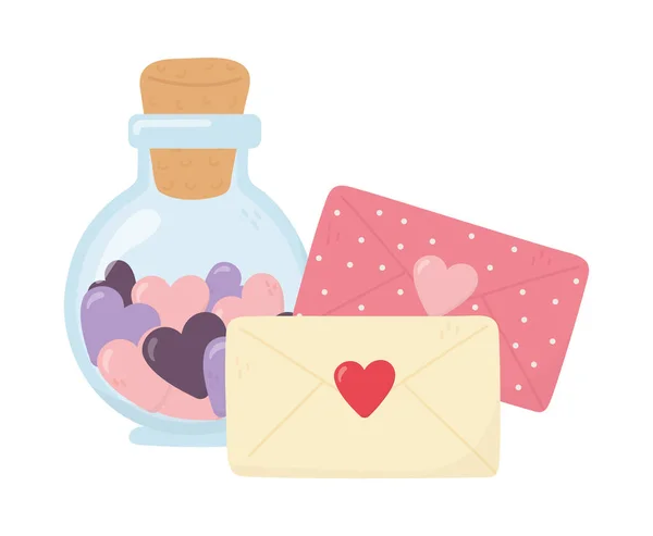 Feliz día, botella de vidrio sobre los mensajes carta corazones románticos — Vector de stock