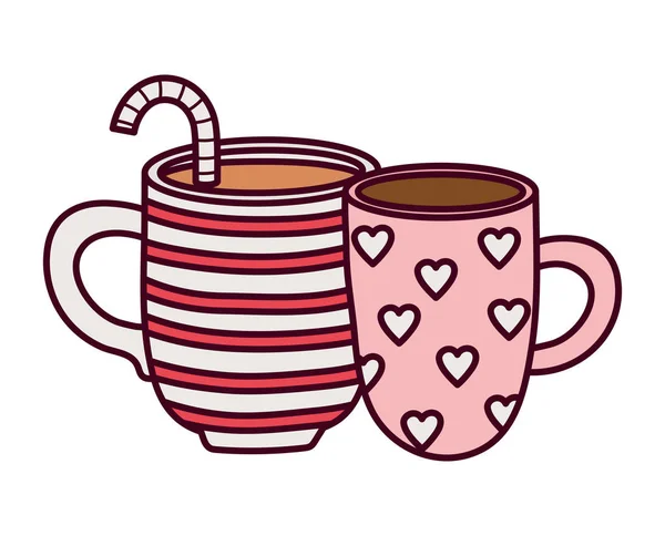 Happy valentines day, cup chocolate and coffee cup with hearts and stripes — Stock Vector