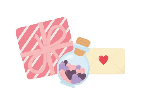 Glücklicher Valentinstag, Flaschenglas mit Herz Geschenk und Umschlag Botschaft Liebe — Stockvektor