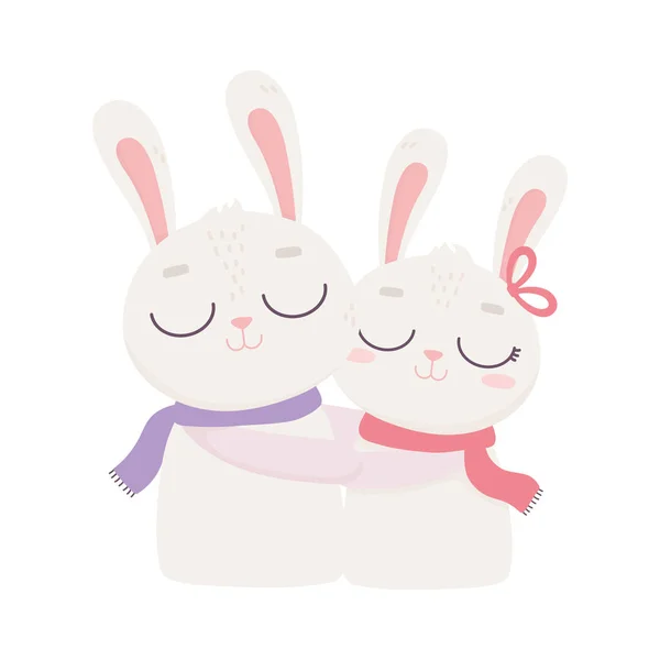 Feliz día de San Valentín, linda pareja de conejos abrazando el amor romántico — Vector de stock