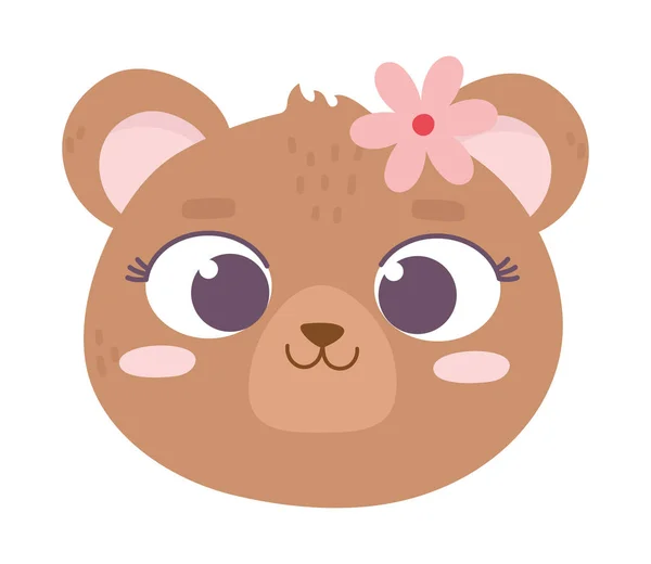 Słodkie zwierzę niedźwiedź twarz z kwiat kreskówka — Wektor stockowy