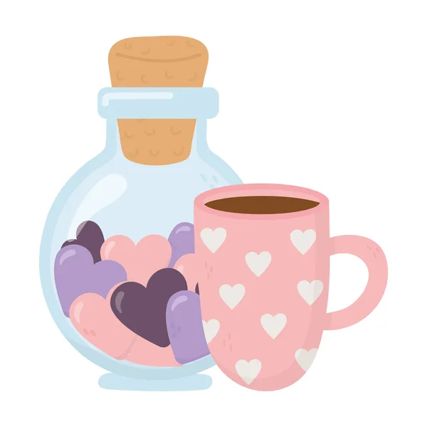 Happy valentines jour, bouteille de verre et tasse de café avec cœurs — Image vectorielle