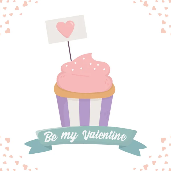 Fröhlicher Valentinstag, süßer Cupcake und Schild mit Herz-Liebesband — Stockvektor