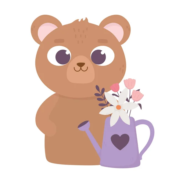 Happy valentines day, cute bear watering can flowers heart love — Stock Vector