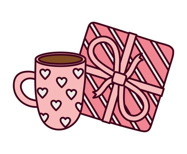Щасливий день валентинки, чашка кави та прикраса подарункової коробки — стоковий вектор