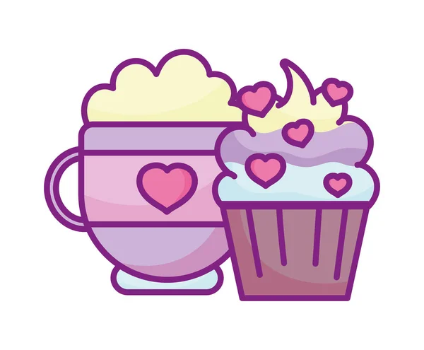 Fröhlicher Valentinstag, Kaffeetasse und süßer Cupcake-Snack Liebe Herzen — Stockvektor