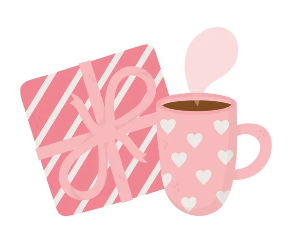 Happy valentines day, coffee cup and gift box decoration — Image vectorielle