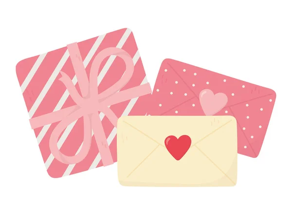 Happy valentines day, envelopes message gift box hearts decoration — Wektor stockowy