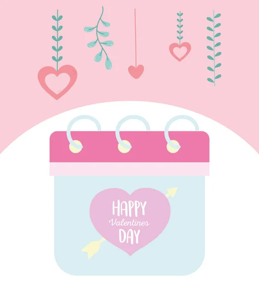 Happy valentines day, calendar hanging hearts leaves decoration — Image vectorielle