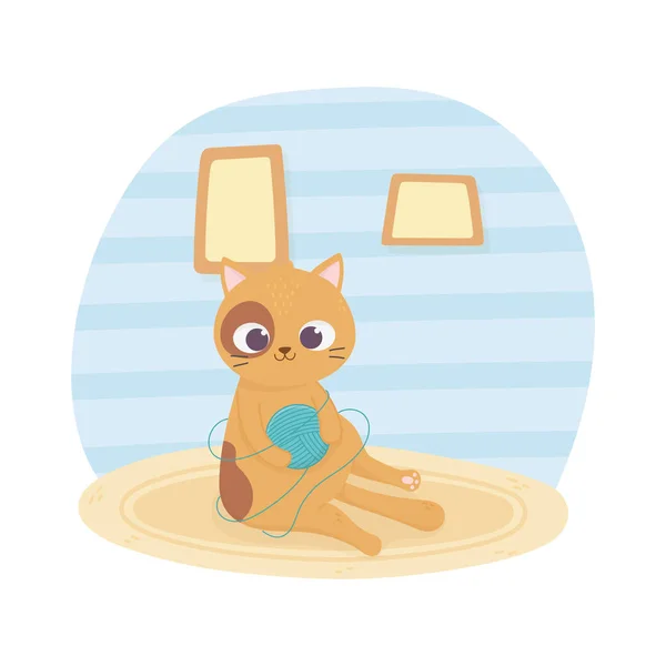 Pet cat sitting with ball of wool on carpet cartoon — 스톡 벡터