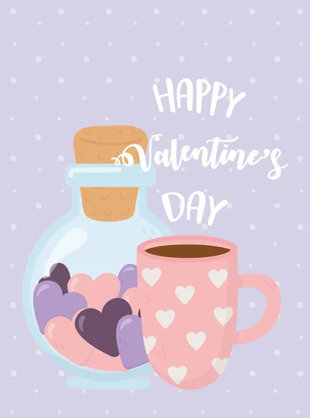Щасливий день валентинки, пляшкове скло і чашка кави з серцями — стоковий вектор