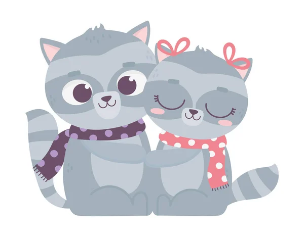 Happy valentines day, cute couple raccoon with scarves — 스톡 벡터