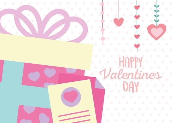 Felice valentines giorno, confezione regalo con cuore carta messaggio romantico — Vettoriale Stock