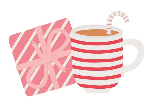 Happy valentines day, cup chocolate and striped gift box decoration — Vetor de Stock