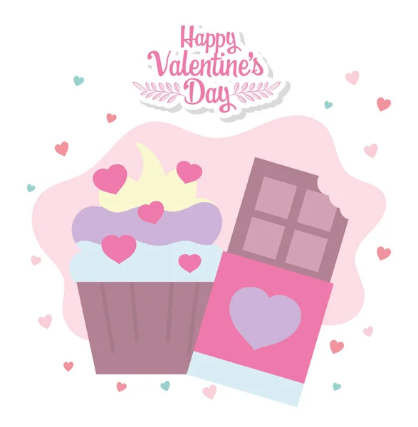 Fröhlicher Valentinstag, süßer Cupcake Schokoriegel Herzen lieben Dekoration — Stockvektor