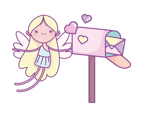 Gelukkige Valentijnsdag, schattig cupido met hartjes en mailbox brief — Stockvector