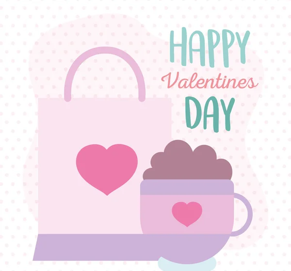 Happy valentines jour, sac à provisions et tasse chocolat dots arrière-plan — Image vectorielle