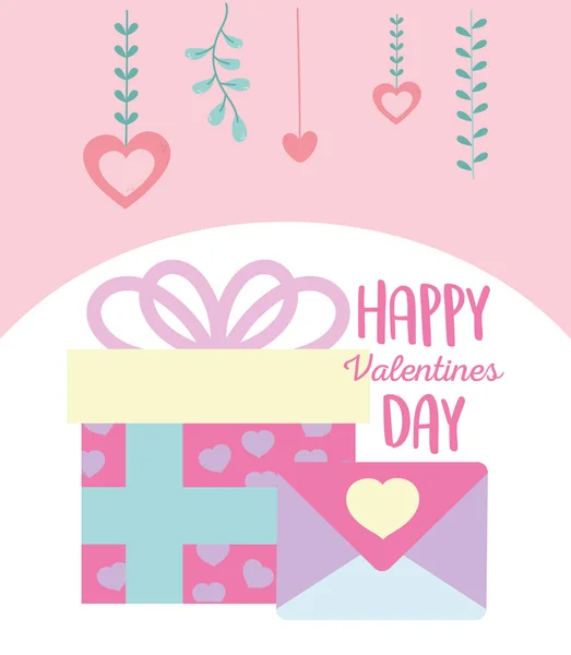 Día feliz, caja de regalo con corazones y carta de presentación — Vector de stock