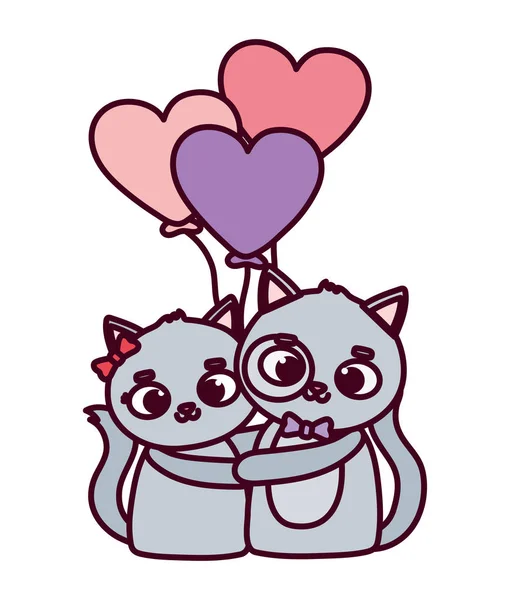 Feliz valentines dia, bonito casal gato abraçando balões corações amor desenho animado —  Vetores de Stock