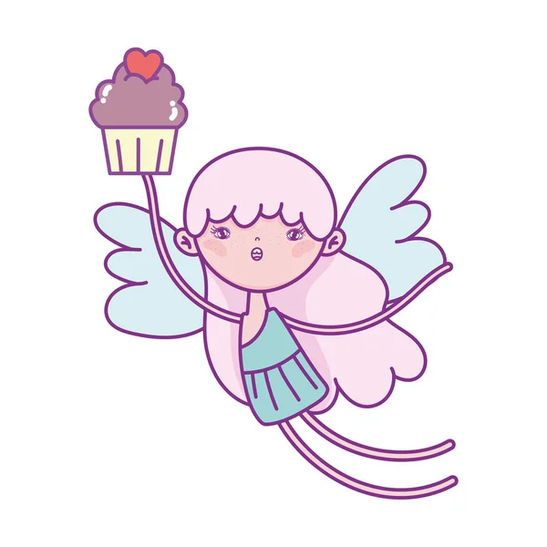 Boldog Valentin nap, aranyos Ámor repülő édes cupcake — Stock Vector