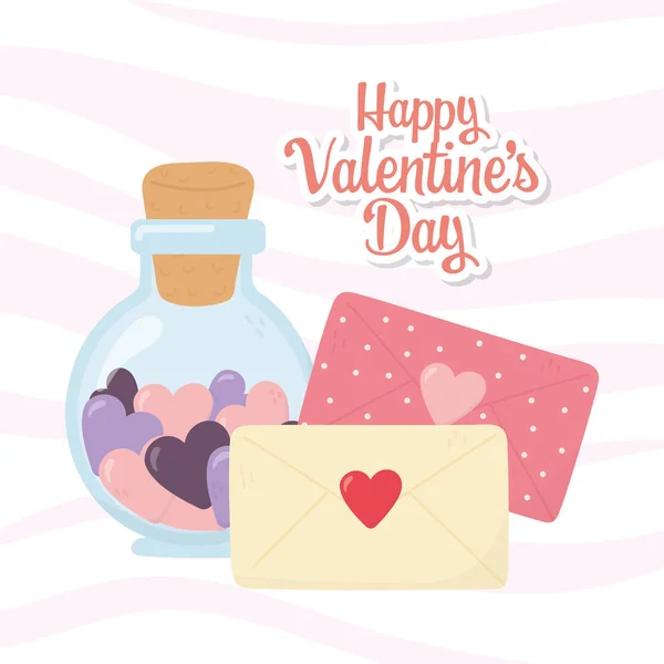 Feliz día, botella de vidrio sobre los mensajes carta corazones románticos — Vector de stock