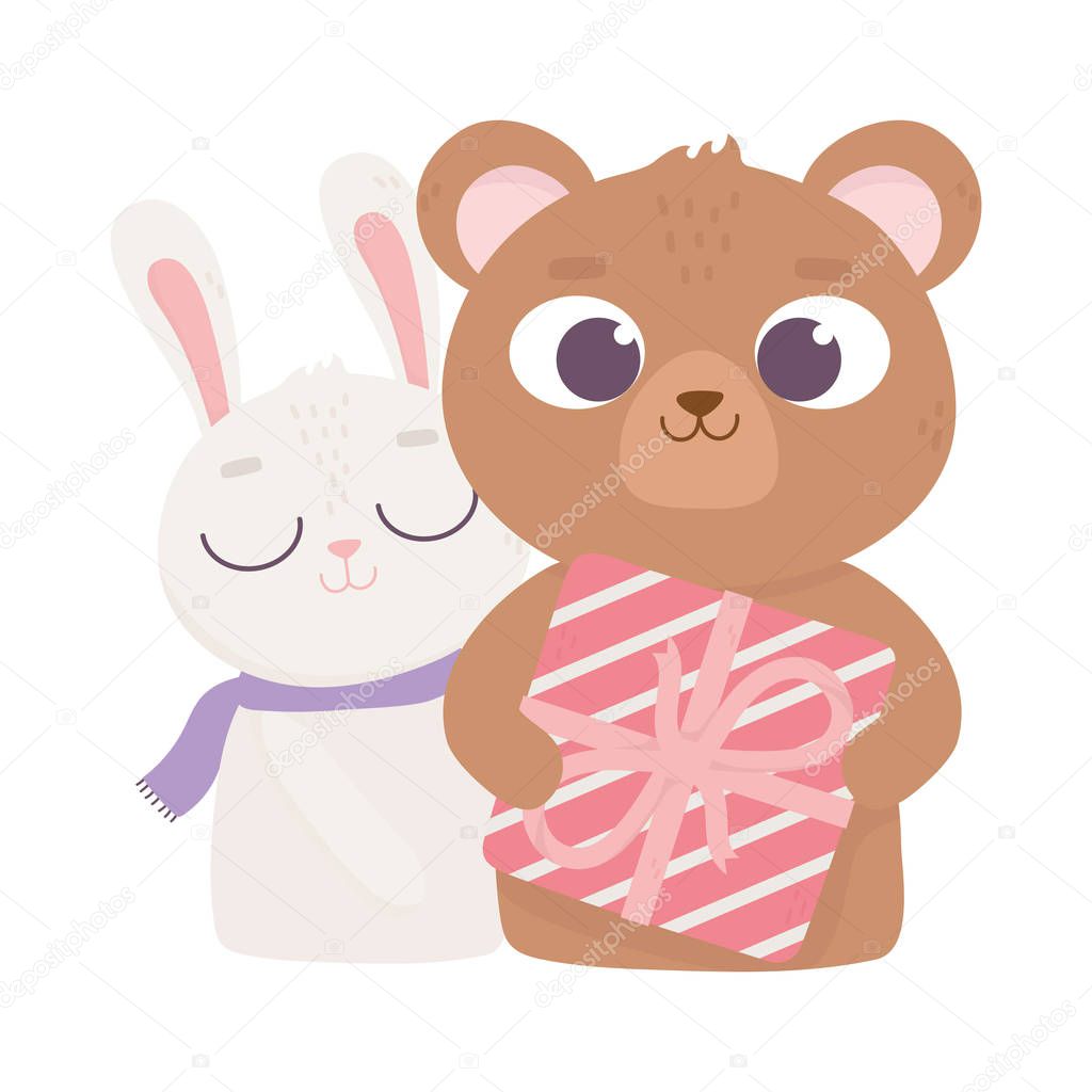 happy valentines day, cute bear with gift and rabbit love