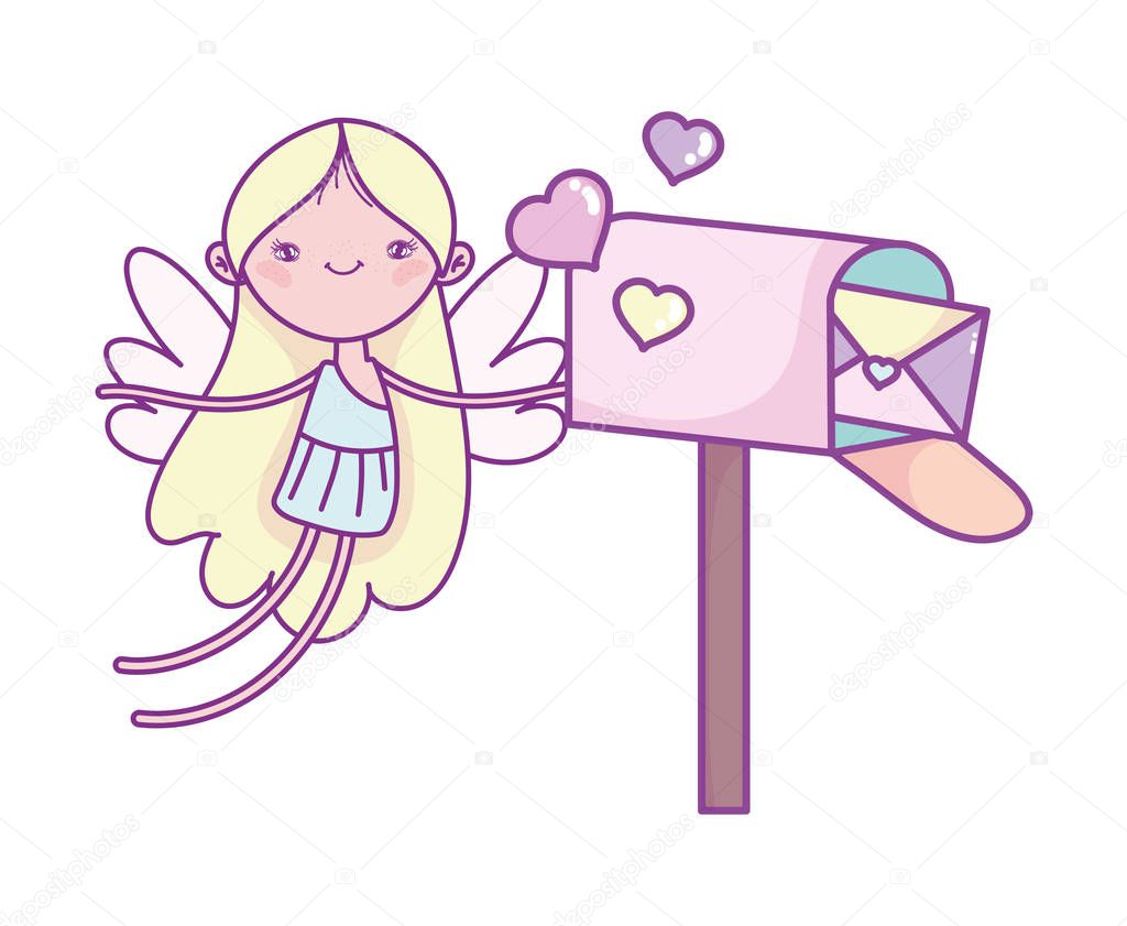 happy valentines day, cute cupid with hearts and mailbox letter