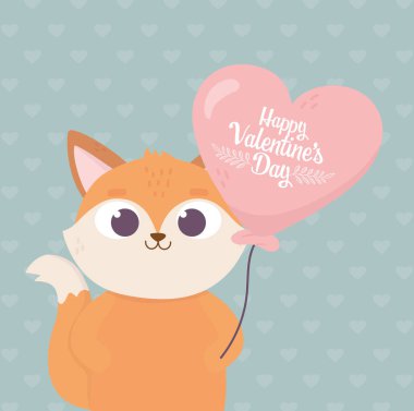 Sevgililer günün kutlu olsun, balon şeklinde kalbi olan şirin tilki.