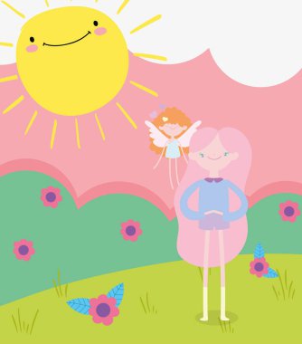 happy valentines day, cute young woman and little cupid grass flowers sun cartoon
