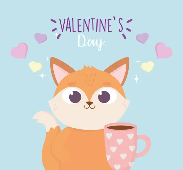 Fröhlicher Valentinstag, süßer Fuchs mit Kaffeetasse mit Herzen — Stockvektor