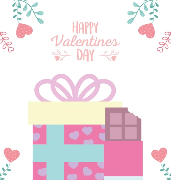 Felice valentines giorno, scatola regalo e cioccolato cuore bar amore — Vettoriale Stock