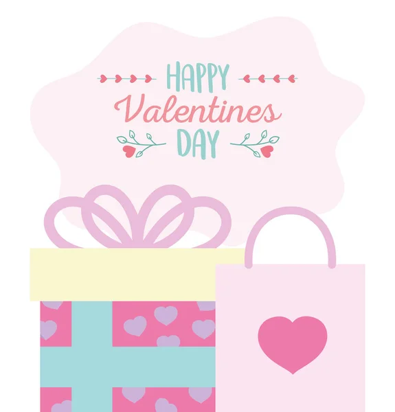Happy valentines day, gift box with hearts and shopping bag surprise — Vector de stock