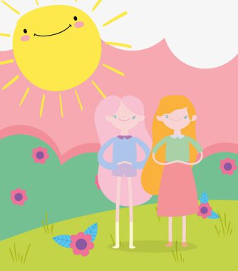 happy valentines day, cute young girls field flowers sun cartoon