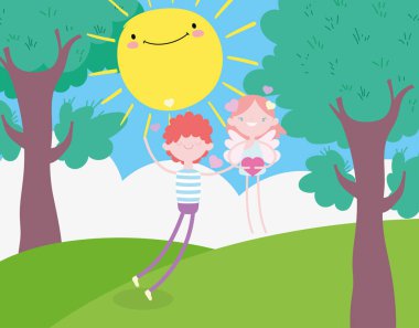 happy valentines day, young man in love with cupid holding heart sun trees cartoon