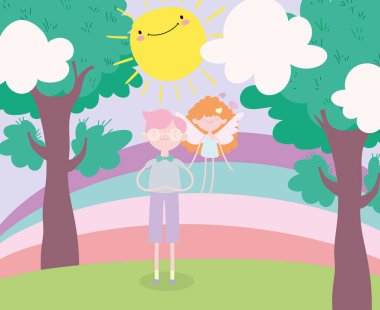happy valentines day, young man and little cupid rainbow trees sun