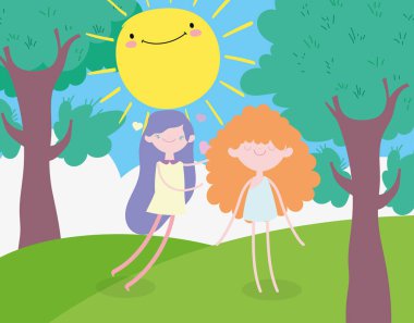 happy valentines day, cute young woman and funny cupid cartoon sunny day