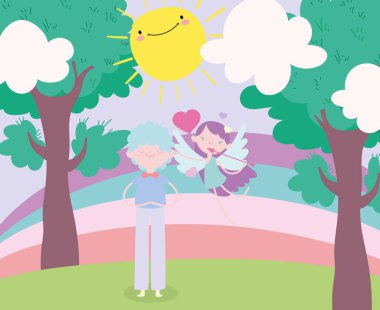 happy valentines day, young man in formal clothes and cute cupid with heart and arrow