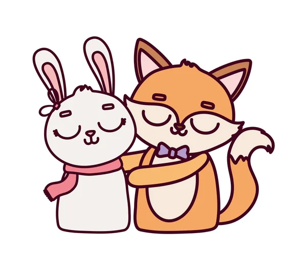 Šťastný Valentýn, roztomilá zvířata lišky a králičí karikatury — Stockový vektor