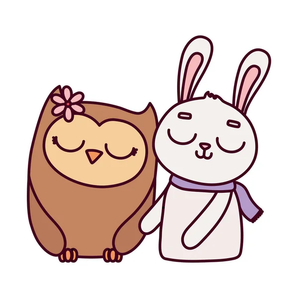 Cute animals rabbit with scarf and owl with flower cartoon — Vector de stock