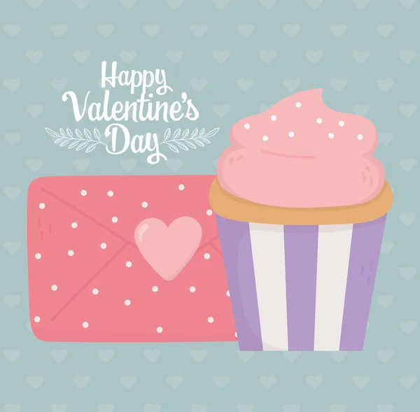 Fröhlicher Valentinstag, Cupcake und gepunktete Umschlagbotschaft — Stockvektor