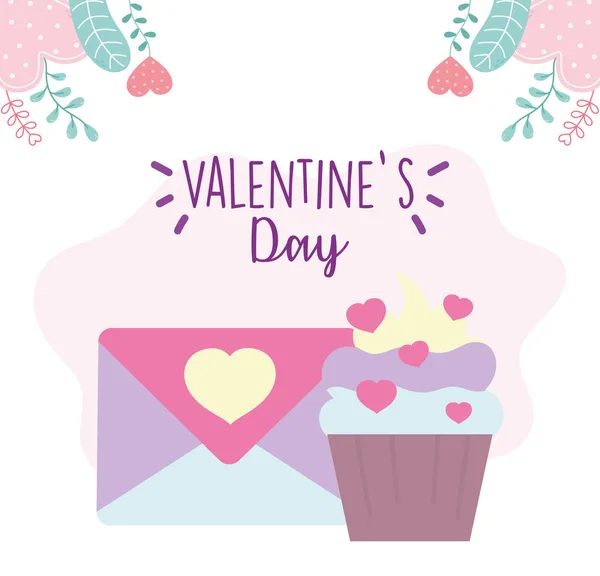 Happy valentines day, sweet cupcake and message envelope hearts love foliage decoration — Stockvektor