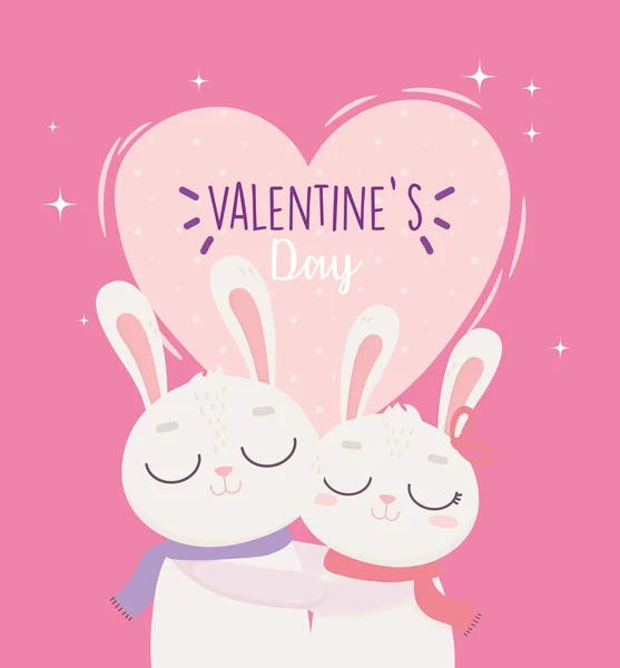 Happy valentines day, cute bunny couple hugging heart love romantic — Vector de stock
