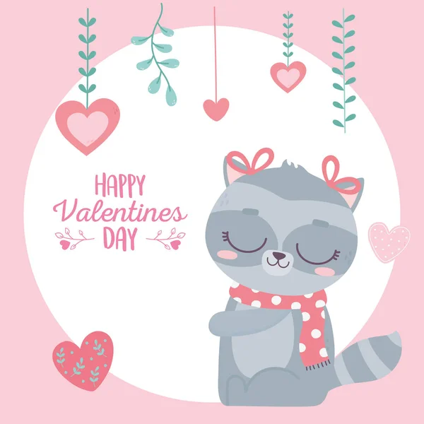 Happy valentines day, cute raccoon with bows scarf hearts love romantic — Stock vektor