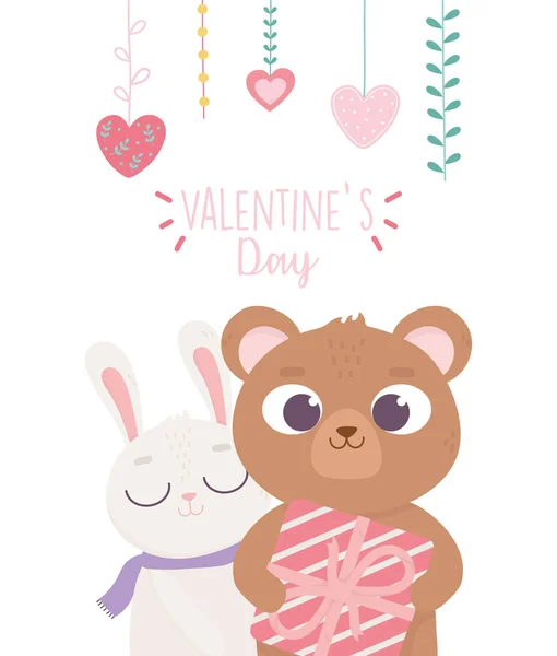Happy valentines day, cute bear with gift and rabbit hanging hearts love — стоковый вектор