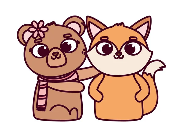 Šťastný Valentýn, roztomilá zvířata medvěd a liška milují karikatury — Stockový vektor