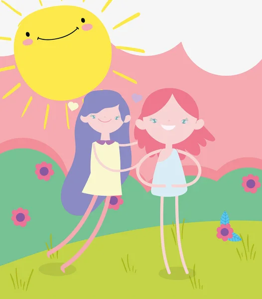 Счастливый день валентинки, милая девушка и чашка в поле с цветами солнечный день — стоковый вектор